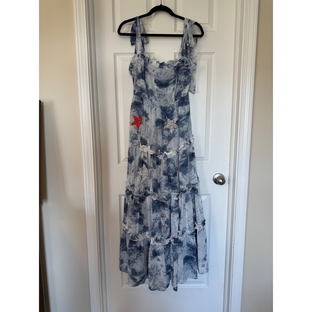 Judith March Tie Dye Tiered Maxi Dress Blue White Sequin Stars Small